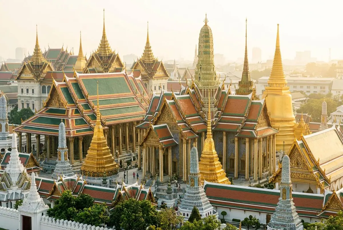 Gold and green tiled roofs and chedis of the Grand Palace and Wat Phra Kaew in morning light