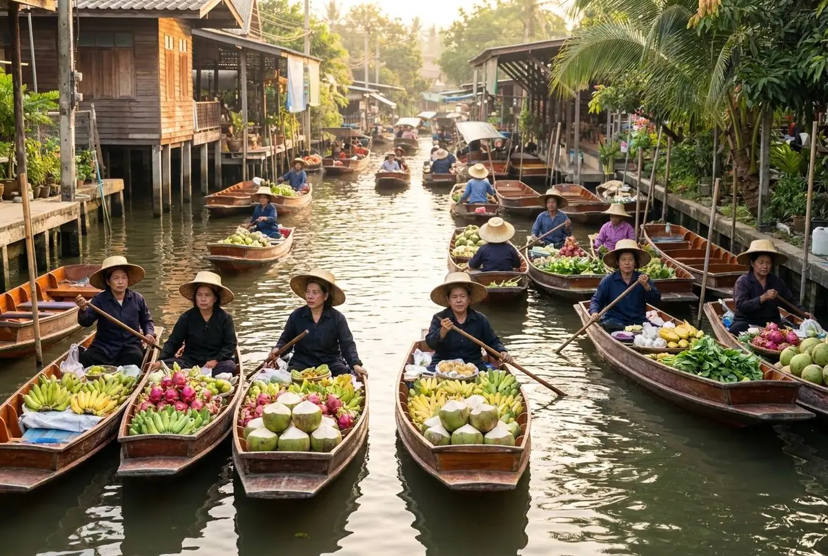 Vendors in wide straw hats paddling wooden boats full of fruit along a canal at Damnoen Saduak in the morning