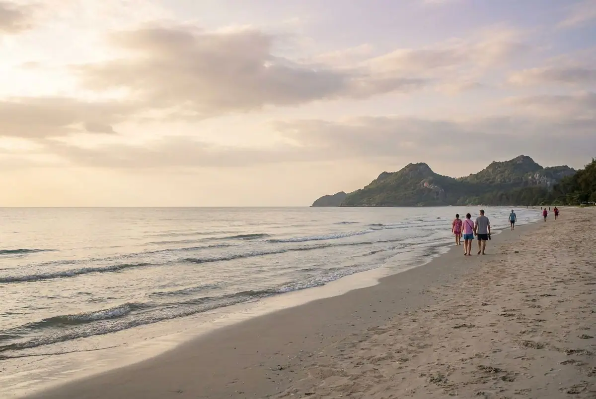 A long, quiet sandy beach at Hua Hin in the early morning with gentle waves and hills at the end of the bay
