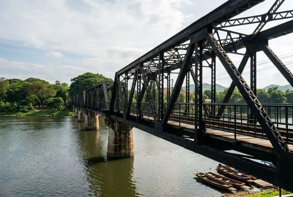 The Bridge over the River Kwai in Kanchanaburi on a calm afternoon