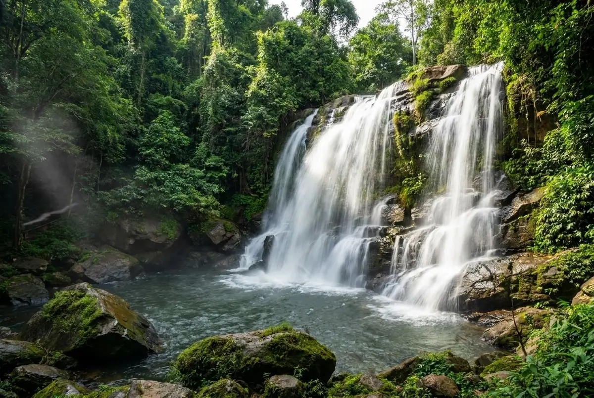 Waterfall falling into a pool in the green rainforest of Khao Yai National Park