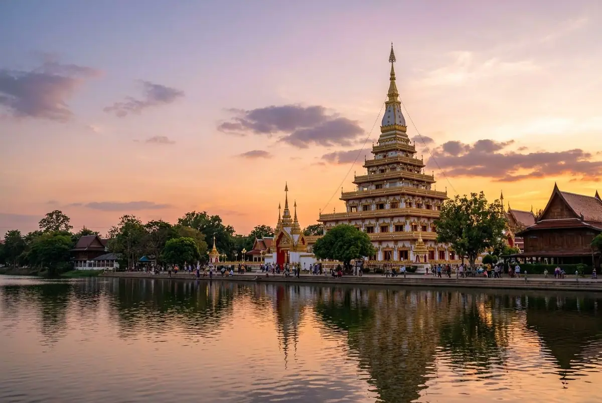 The nine-tiered Phra That Nong Waeng pagoda beside Bueng Kaen Nakhon lake in Khon Kaen at sunset