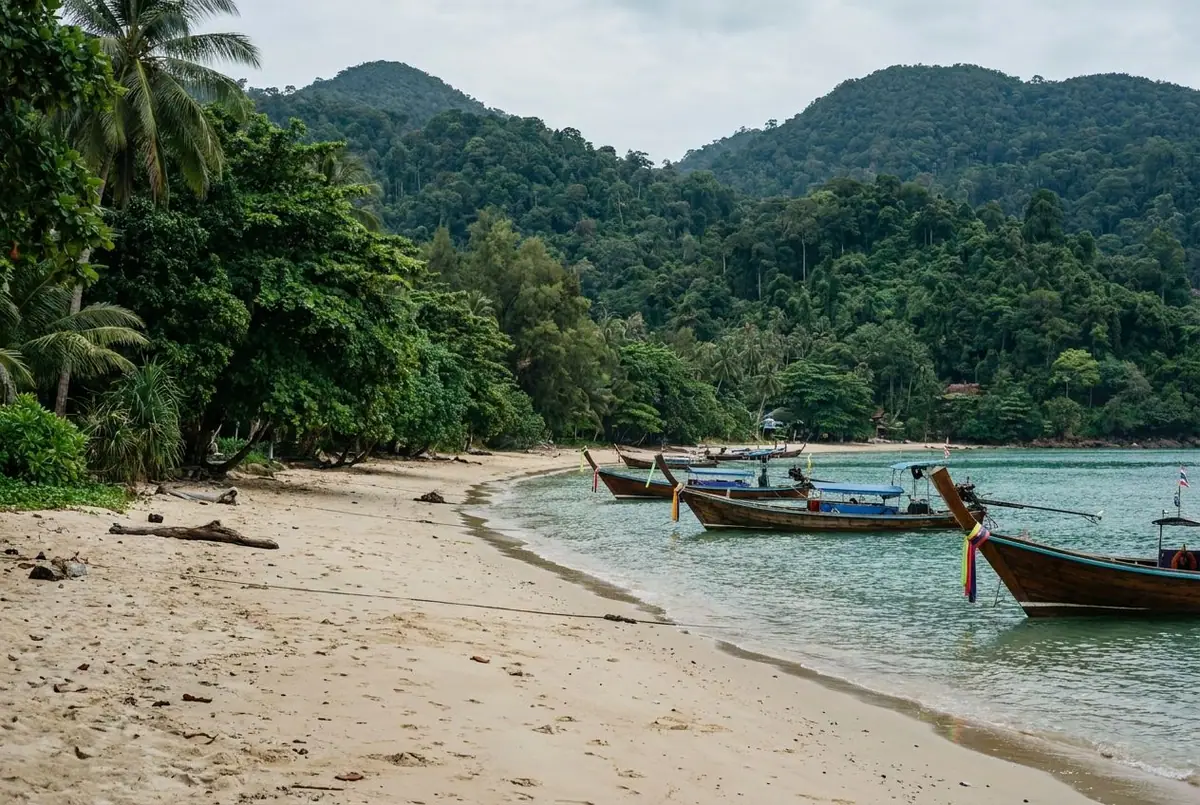 Jungle-backed beach on Koh Chang with forested mountains behind