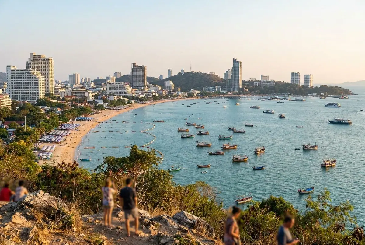 View over the curved beach and city of Pattaya Bay from a hillside viewpoint in late afternoon