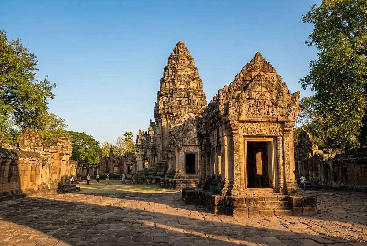 Prasat Hin Phimai Khmer sandstone temple in warm afternoon light