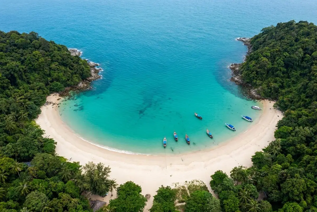 Aerial view of a curved beach on Phuket's west coast with turquoise water, forested headlands and boats