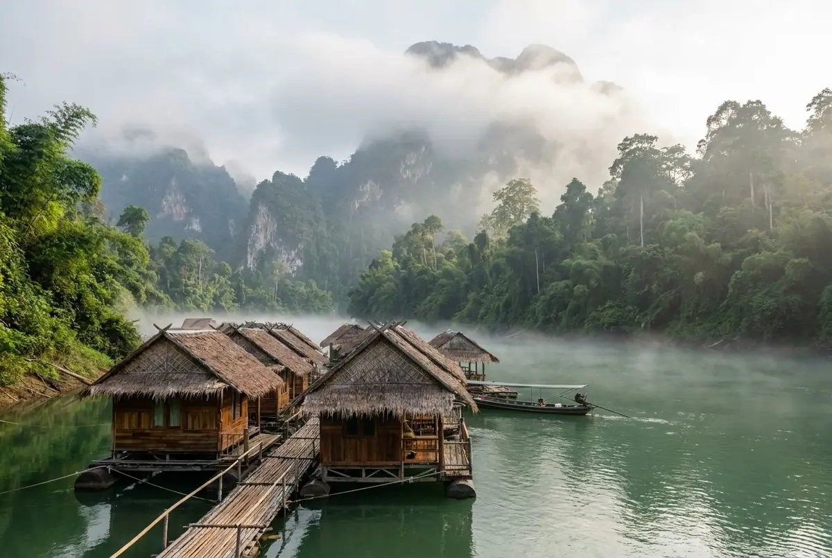 Floating raft-house bungalows moored along the jade-green River Kwai Noi in Sai Yok, jungle hills in morning mist