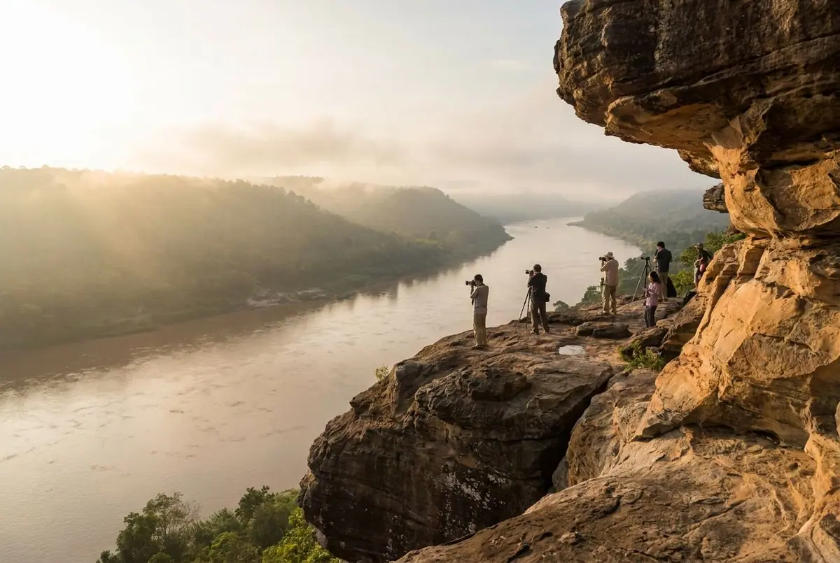 Sunrise over the Mekong River seen from the sandstone cliffs of Pha Taem, the hills of Laos across the water