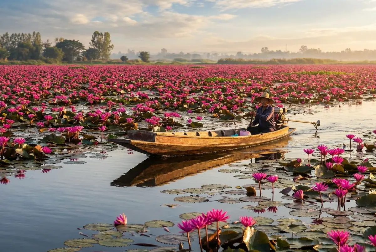 Pink lotus flowers covering Nong Han lake at sunrise near Udon Thani, a small wooden boat among them