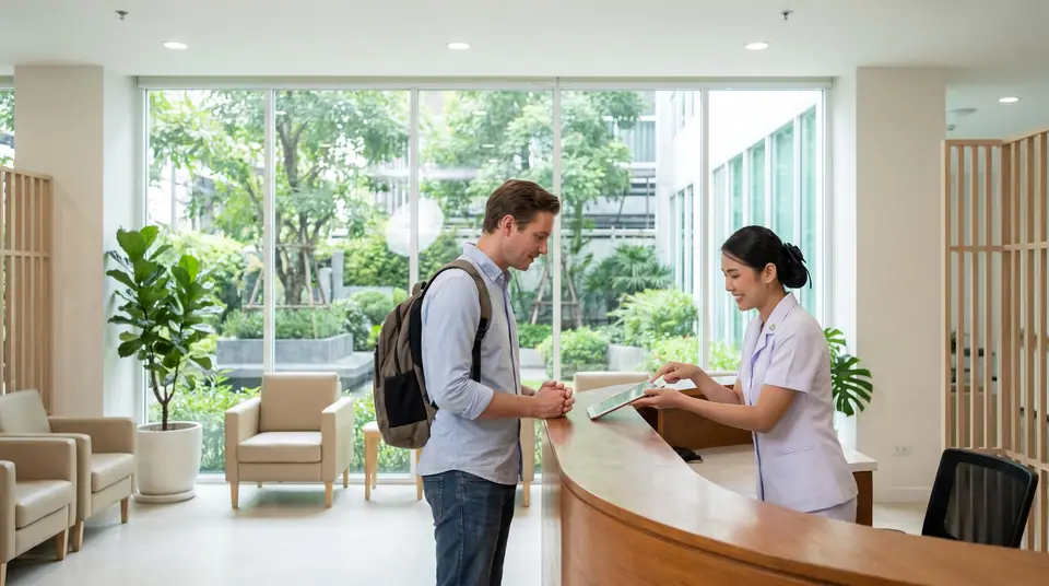 Nurse helping a traveler at a hospital reception desk