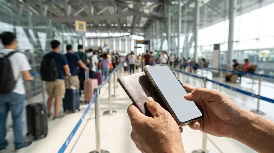 Hands holding a passport and a smartphone in an airport arrivals hall