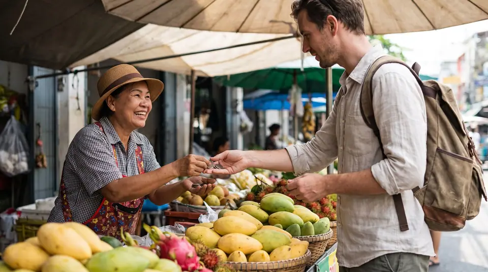Traveler paying a fruit vendor at a Bangkok street market