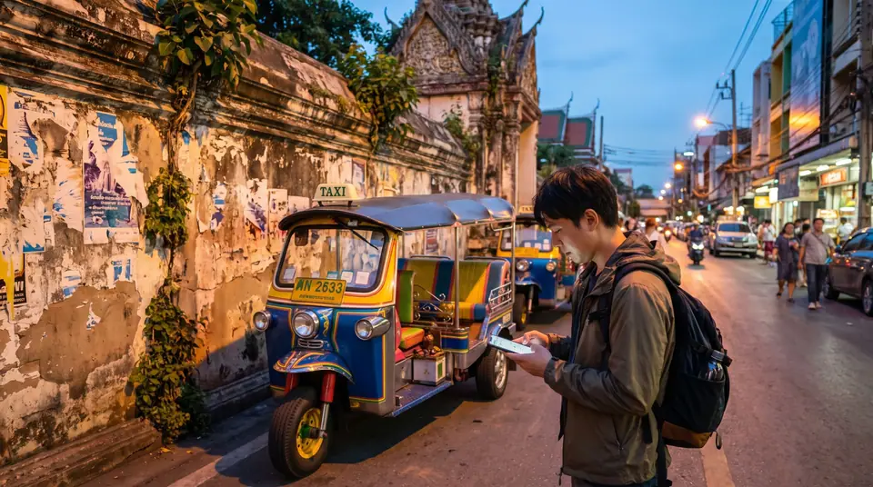 Tuk-tuk on a Bangkok street at dusk beside a temple wall