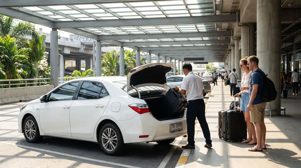 Driver loading a suitcase into a white sedan at an airport kerb