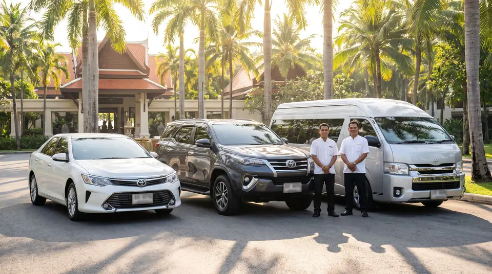 Sedan, SUV and van parked on a palm-lined hotel driveway with two drivers beside them